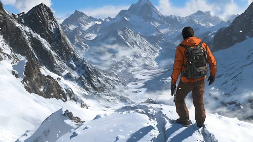 Snowy Mountain Vista with Hiker