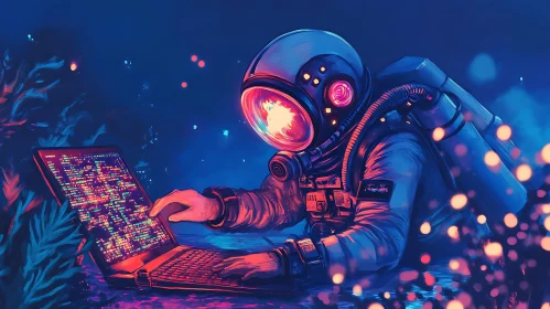 Astronaut Programmer: A Neon-Lit Coding Session