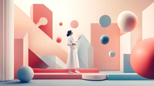 Minimalist Abstract Art with Woman and Spheres