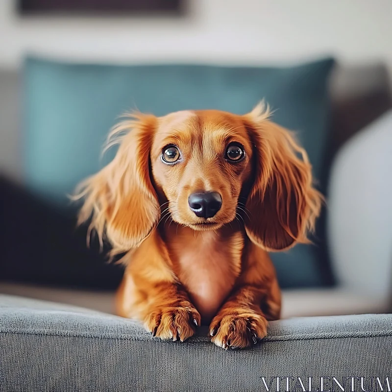 Cute Dachshund Puppy on Grey Couch AI Image