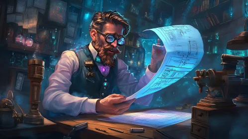 Inventor's Blueprint Analysis in Steampunk Style