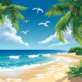 Tropical Beach Scene with Birds