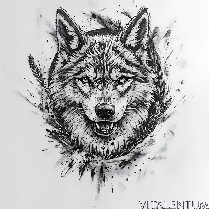 Monochrome Wolf Head with Feather Accents AI Image