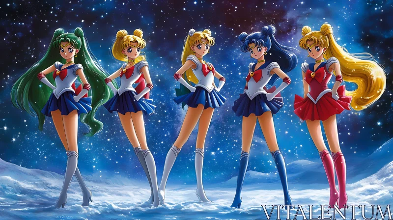 Sailor Scouts on a Snow-Covered Cosmic Terrain AI Image