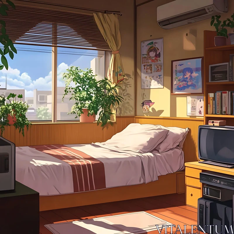 Warm and Inviting Anime Bedroom with Sunlight and Green Plants AI Image