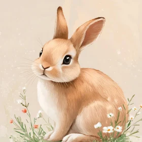 Cute Rabbit Painting with Flowers