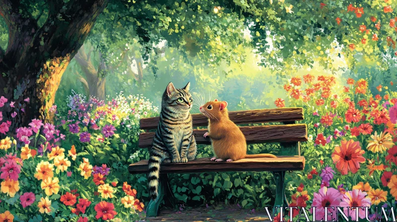 AI ART Feline and Rodent Friendship in Blossoming Garden