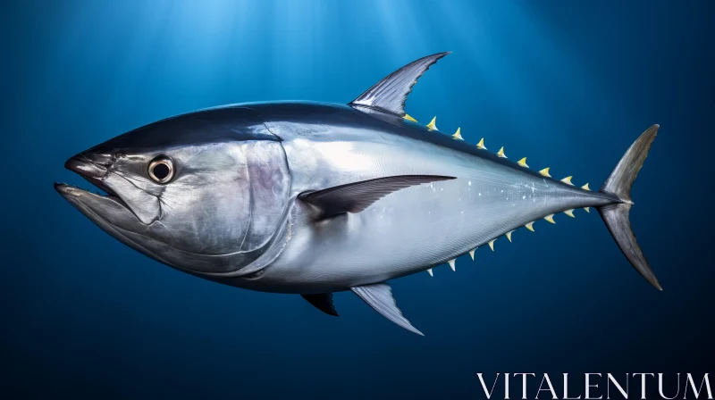 High-Definition Underwater Tuna Fish Portrait on Blue Background AI Image