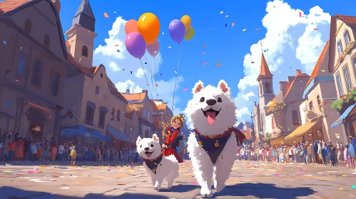 Festive Street Parade with Dogs and Balloons