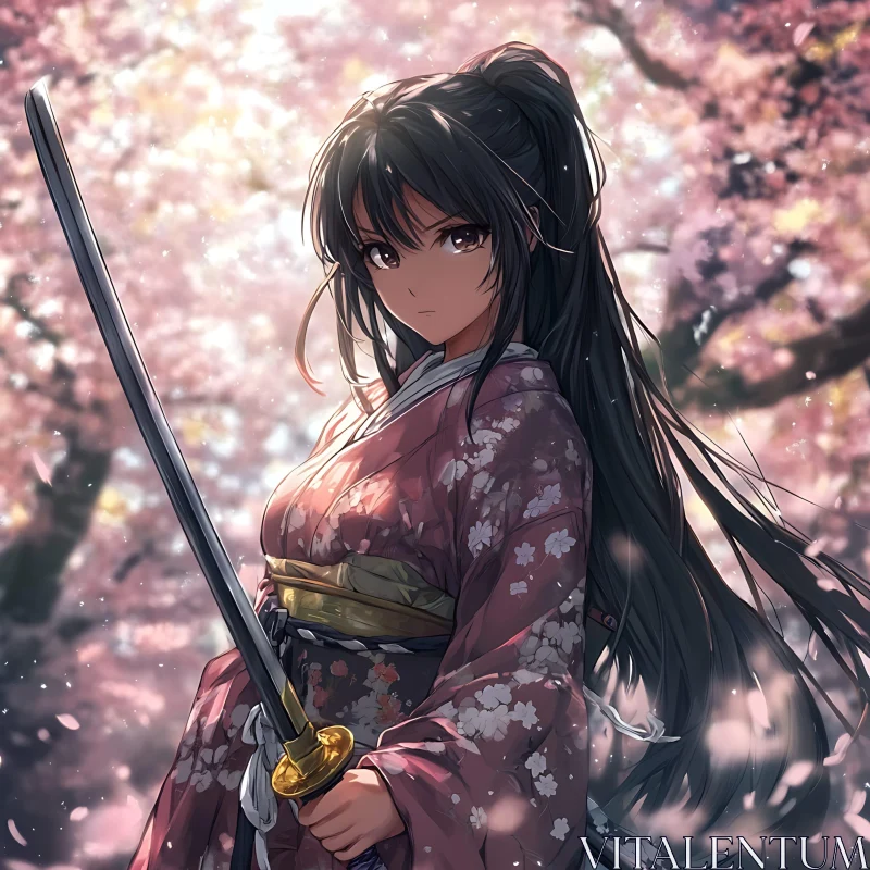 Anime Samurai Amid Blossoms AI Image