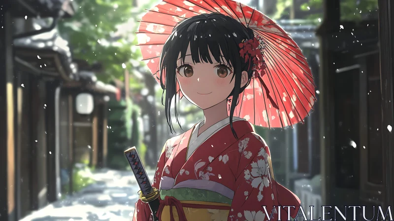 Serene Anime Scene with Geisha in Traditional Attire AI Image