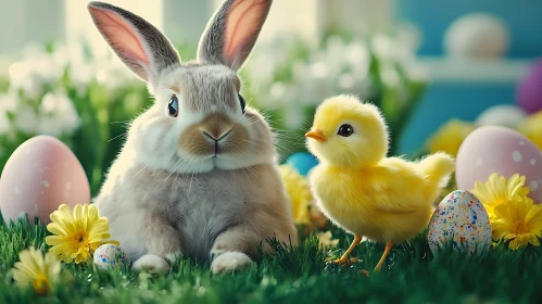 Easter Bunny with Chick and Eggs