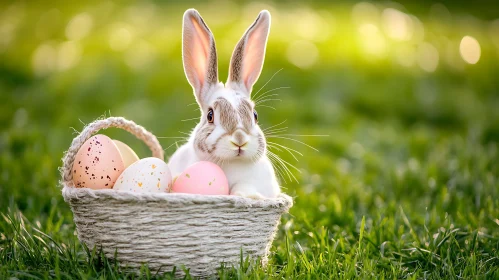 Rabbit in Basket with Easter Eggs