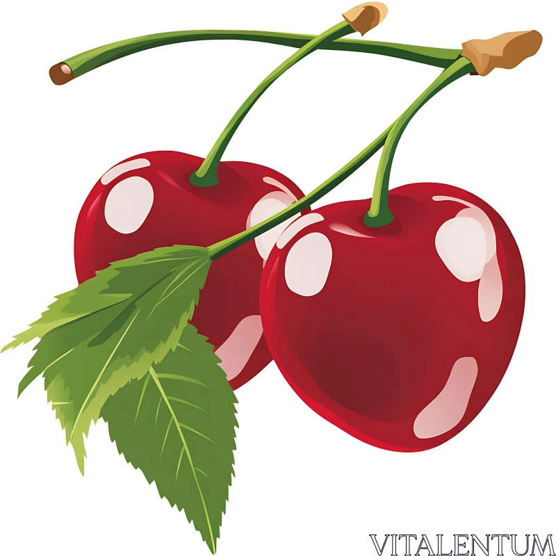 Pair of Cherries with Green Leaves AI Image