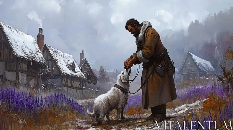 Winter Village Interaction: Man and Dog AI Image