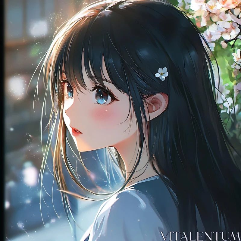 Anime Girl with Blue Eyes and Blossoms AI Image