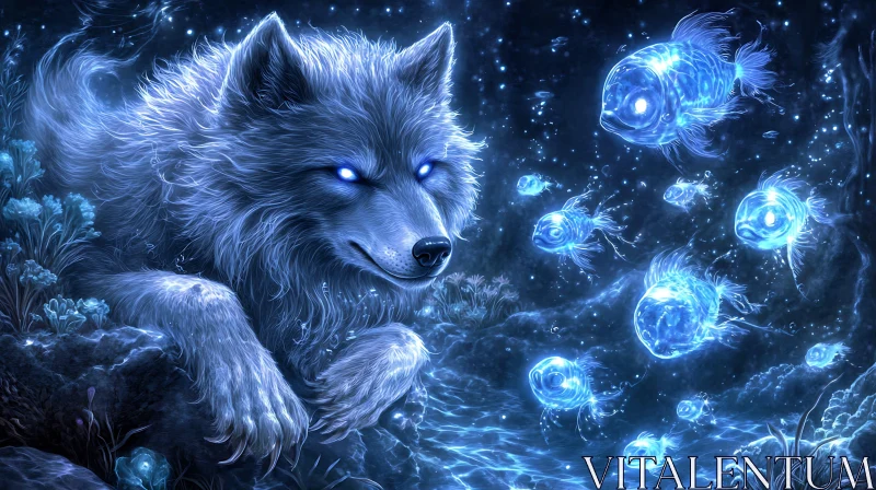 Luminous Wolf Guardian of the Glowing Fish AI Image