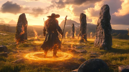 Magical Wizard at Stone Circle Sunset