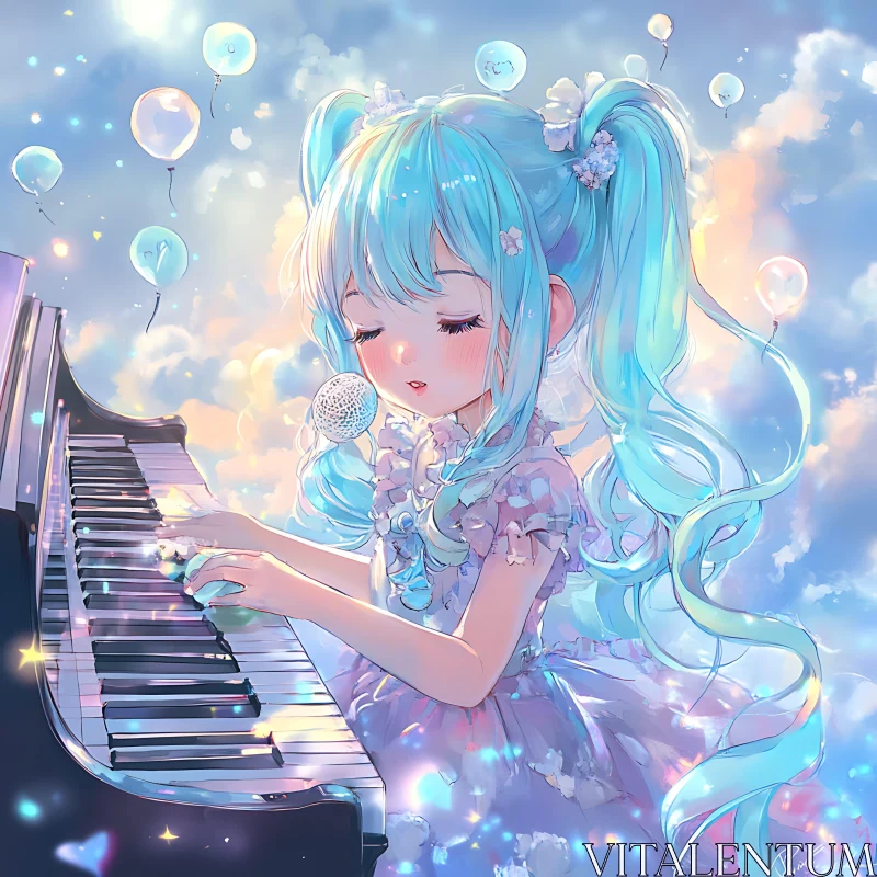 Anime Girl with Blue Hair at Piano AI Image