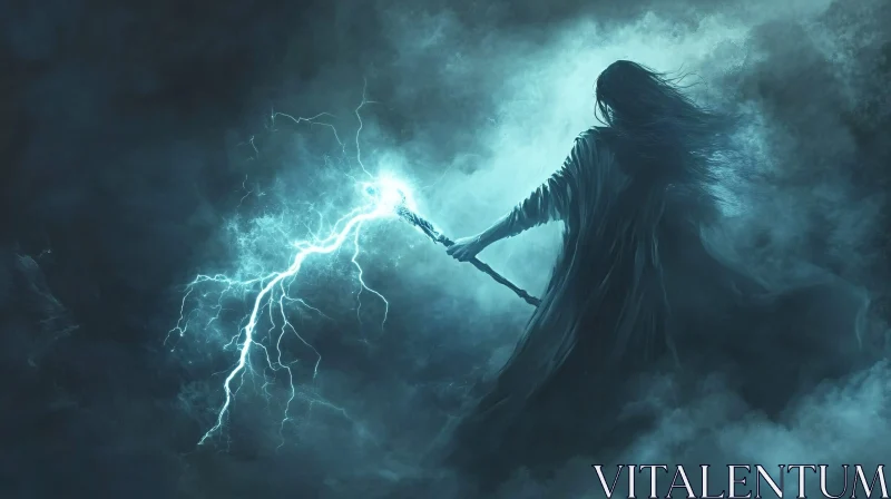 Enigmatic Figure with Lightning Staff AI Image