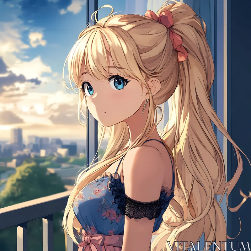 Anime Girl with Blonde Hair and Blue Eyes at Sunset AI Image