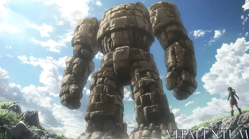 Colossal Stone Golem and the Human Adventurer AI Image