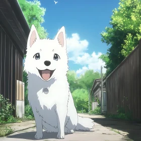 Happy White Dog in Anime Art Style on a Sunny Day