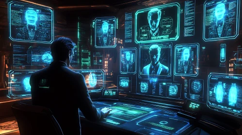 Man in Cyberpunk Tech Control Center