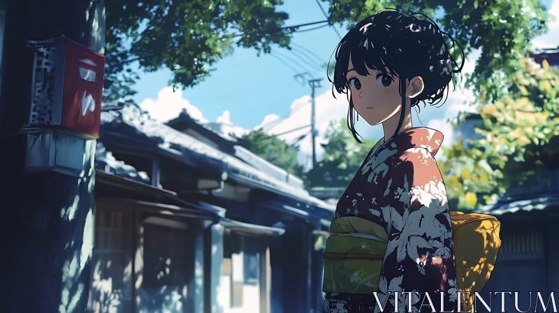 Serene Anime Girl in Kimono amidst Traditional Street AI Image