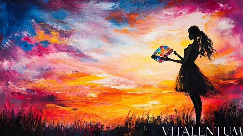 Colorful Sunset Painting with Woman AI Image