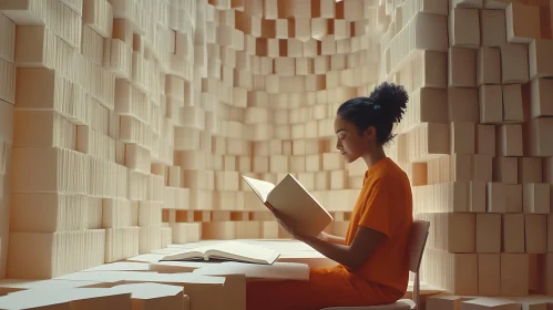 Woman Reading Amidst Abstract Boxes