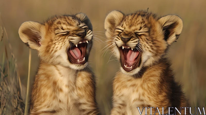 Two Lion Cubs Yawning Together AI Image