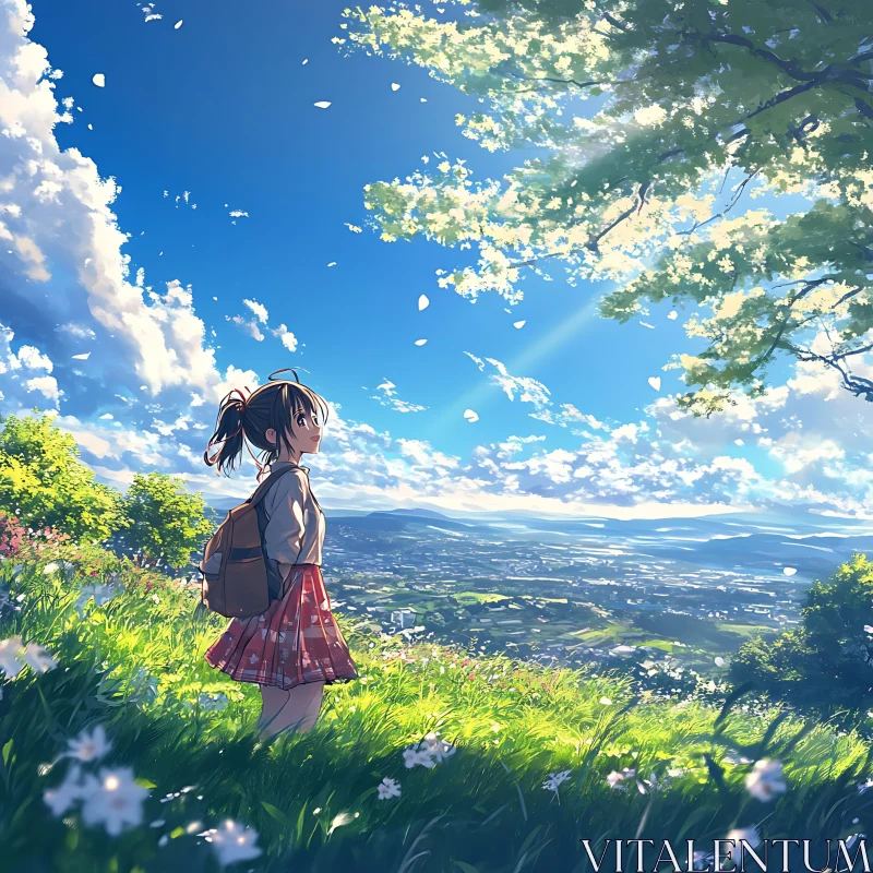 Anime Girl on Hilltop with Scenic Sunlit View AI Image