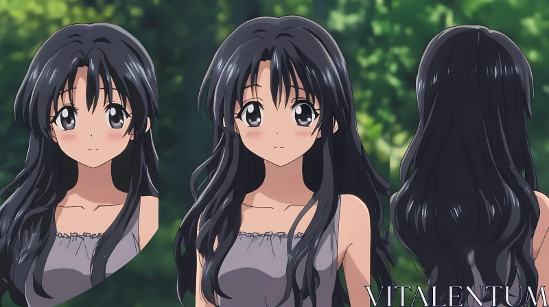 Three Angles of Anime Girl with Black Hair AI Image