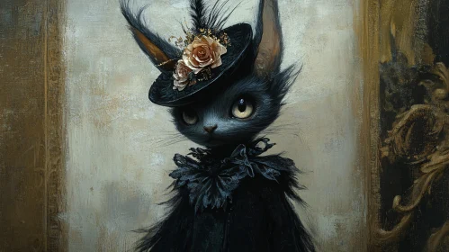 Black Cat in Vintage Clothing and Hat