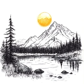 Ink Drawing of Mountain and Lake