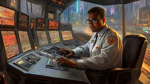 Man Overseeing Data in Cyberpunk City