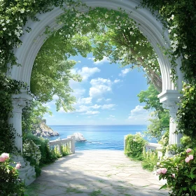 Scenic Sea View Through Flower Arch