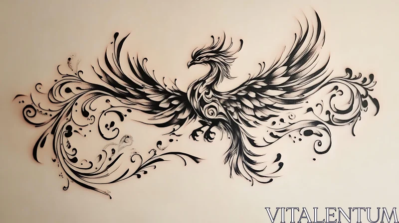 AI ART Black Ink Phoenix with Swirls