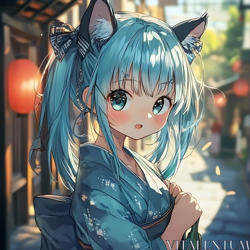 Blue-Haired Anime Girl in Kimono with Fox Ears AI Image