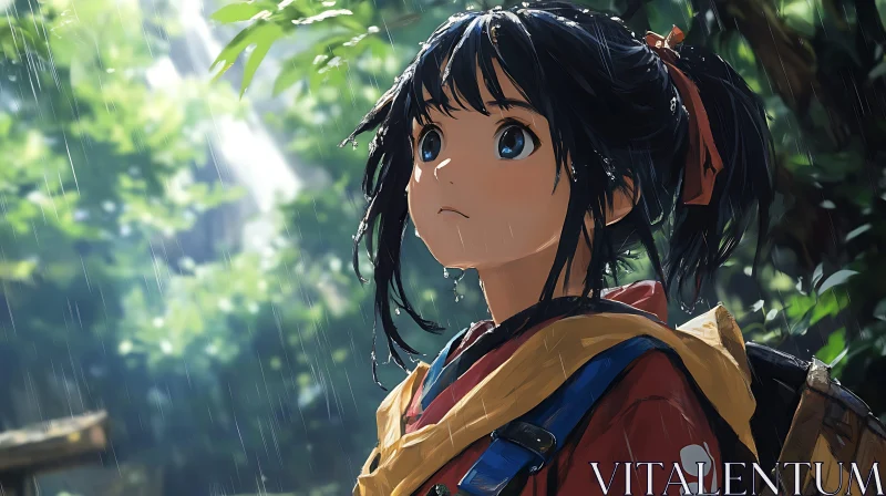 Contemplative Anime Scene in Rain AI Image