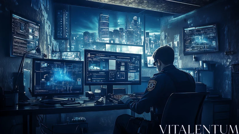 Digital Security Officer in Futuristic Cityscape AI Image