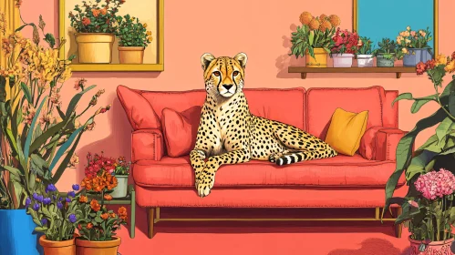 Elegant Cheetah in a Floral Interior