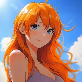 Anime Girl with Orange Hair in Sunlit Sky