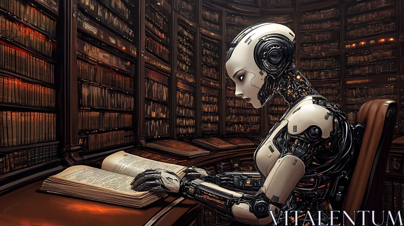 Robot Reads Book In Ancient Library AI Image