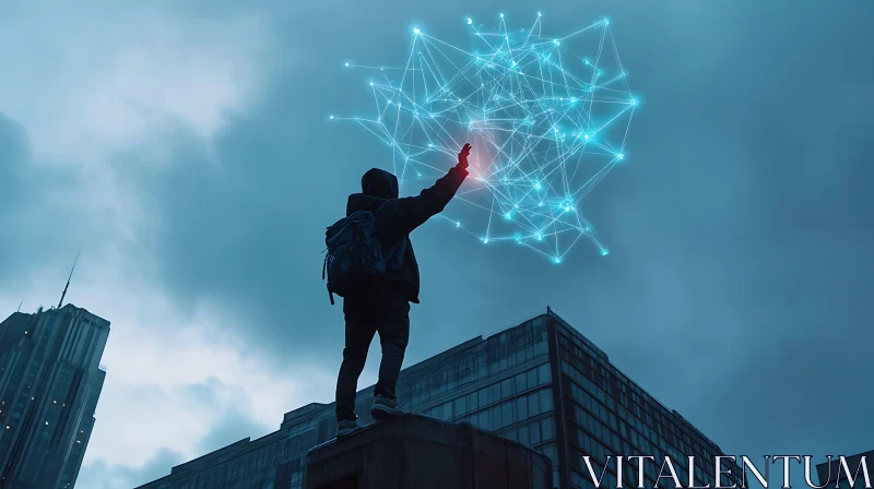 Man Reaching for Digital Network Above City AI Image