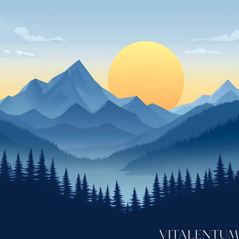 Blue Mountain and Forest Sunrise AI Image