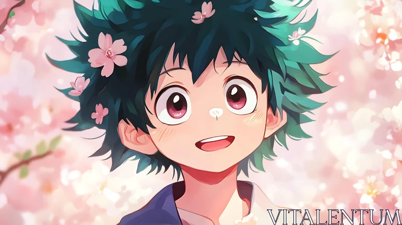 Joyful Anime Character Amid Spring Blossoms AI Image