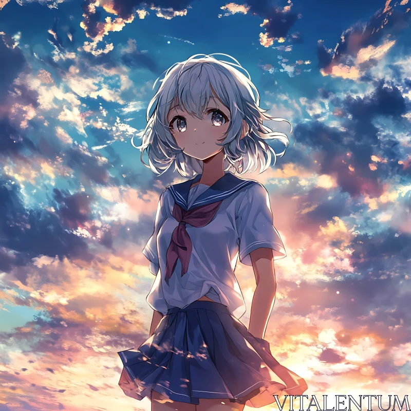 Ethereal Anime Sunset Over Serene Girl AI Image