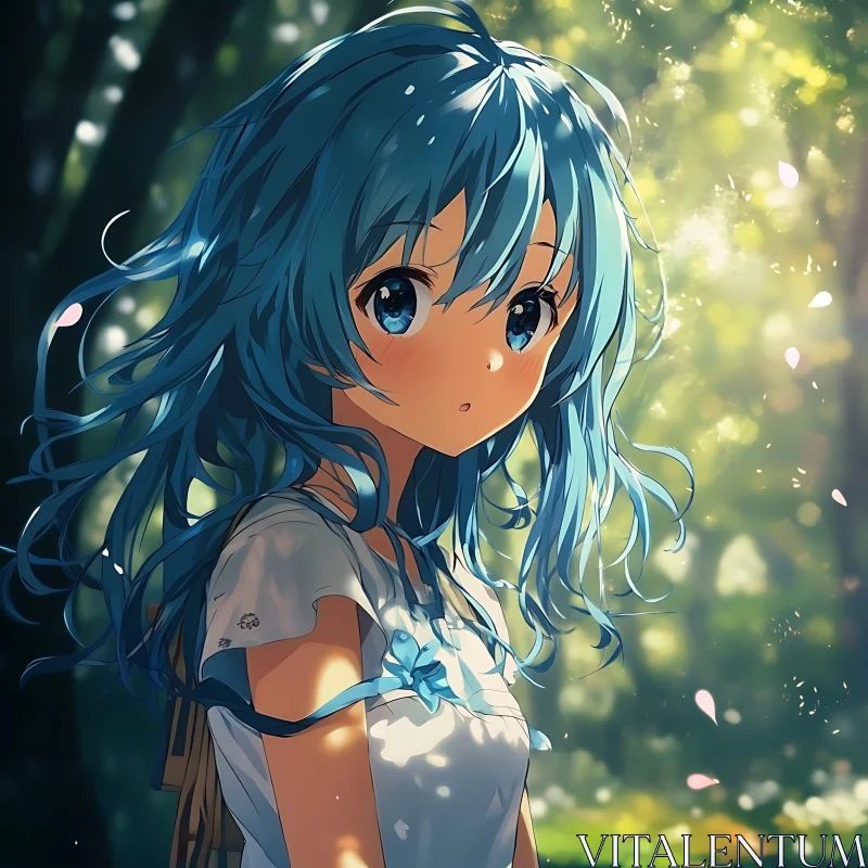 Blue-Haired Anime Girl in Forest Light AI Image